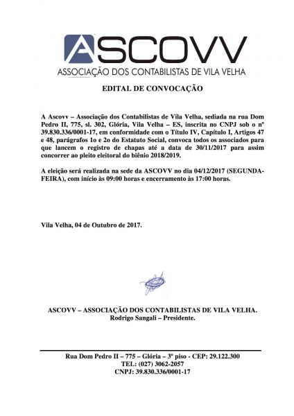 Edital de Convocação Eleições ASCOVV Biênio 2018/2019