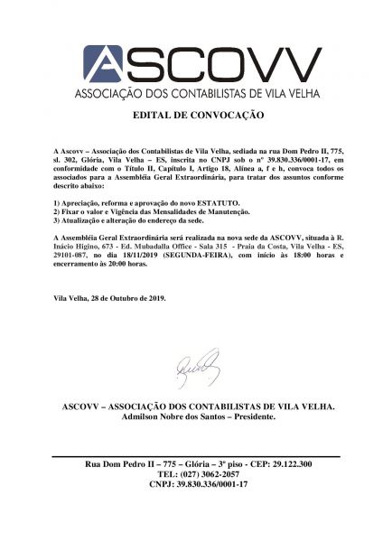 ASSEMBLÉIA GERAL EXTRAORDINÁRIA - 18/11/2019